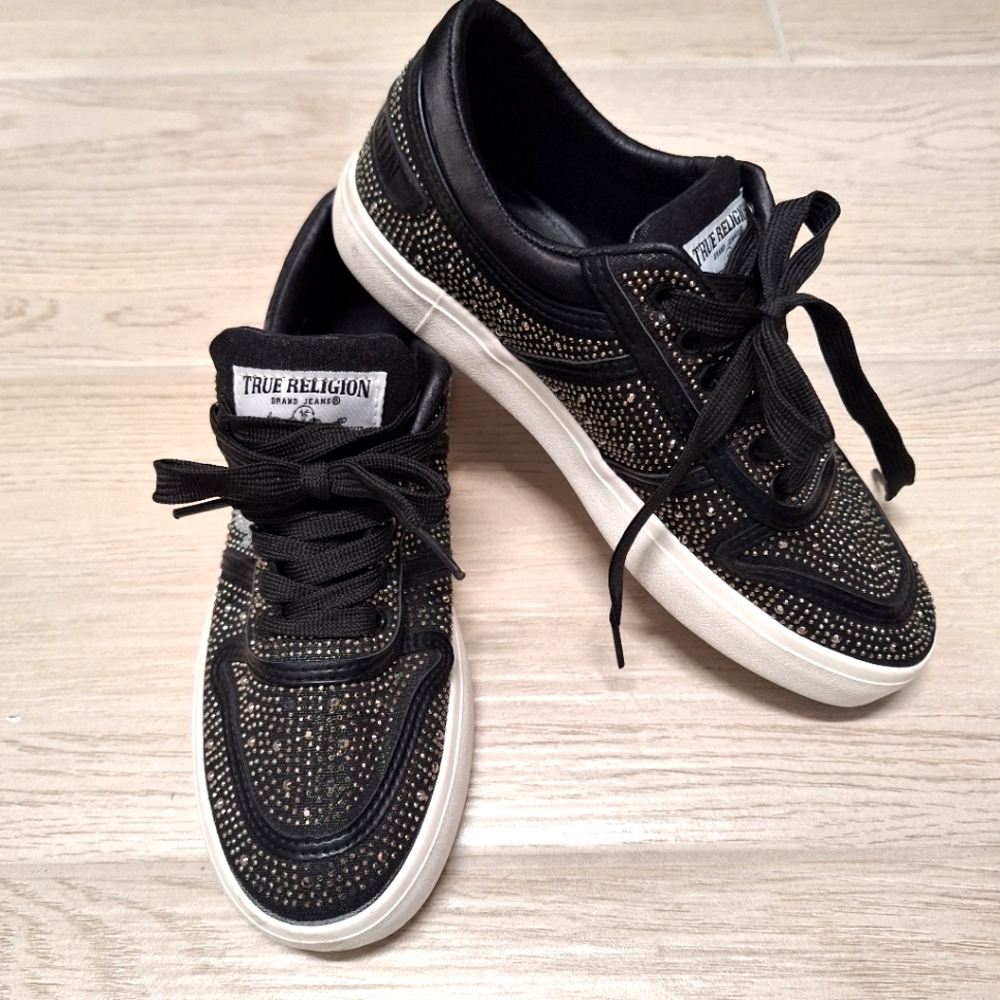 True Religion women's black rhinestone studded Esperannza lace-up sneakers- 7
